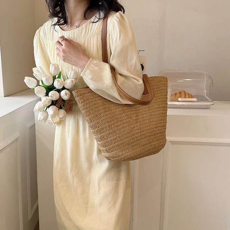 Women's Large Capacity Shoulder Bag Summer Straw Woven Basket Handbag Fashion Female Luxury Designer Beach Bag Bali Shopper Tote 