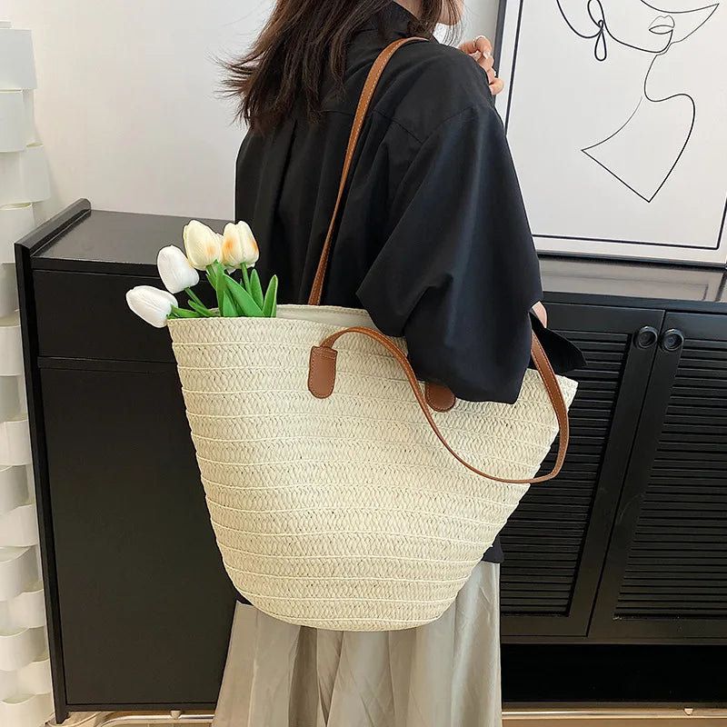 Women's Large Capacity Shoulder Bag Summer Straw Woven Basket Handbag Fashion Female Luxury Designer Beach Bag Bali Shopper Tote 