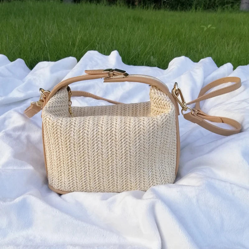 Yogodlns Summer Small Straw Handbag Trendy Shoulder Bag Woven Bucket Crossbody Bag Casual Seaside Beach Bag Gilrs Handle Tote 