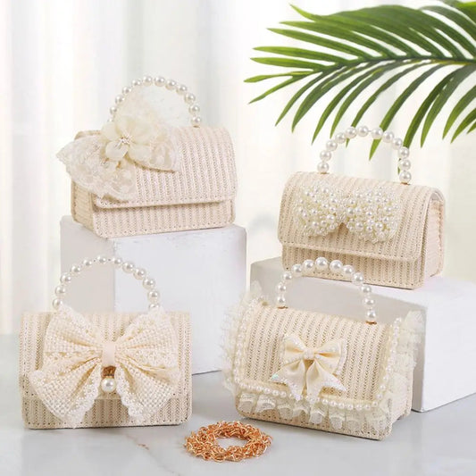 Summer Simple Straw Bag Pearl Bowknot Beach Bag Portable Holiday Messenger Bag Women 