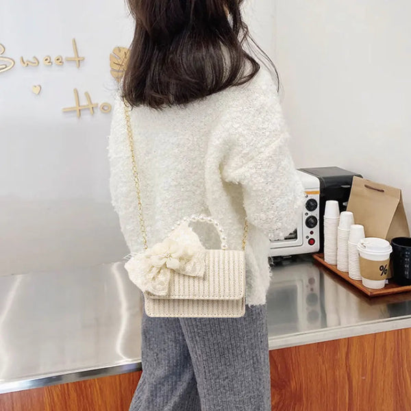 Summer Simple Straw Bag Pearl Bowknot Beach Bag Portable Holiday Messenger Bag Women 